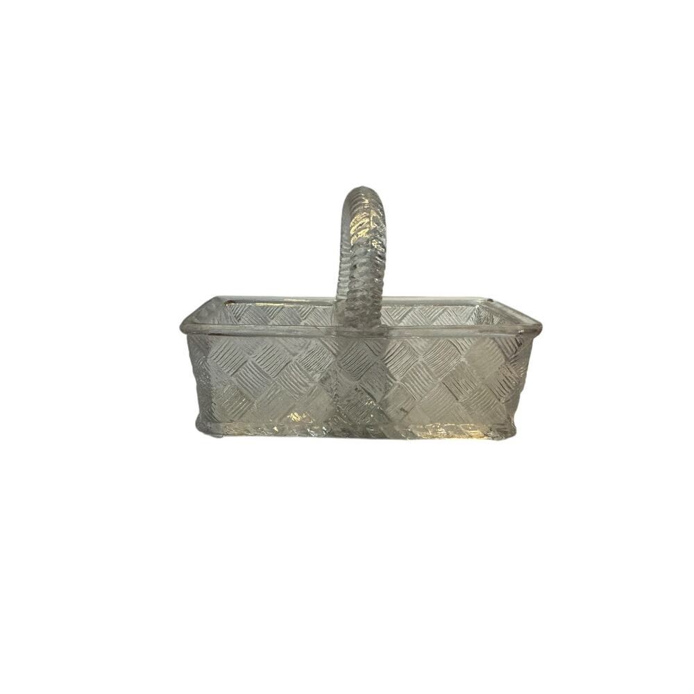 Vintage Rectangle Glass Basket with Handle Weave Pattern Salt Pepper Toothpicks